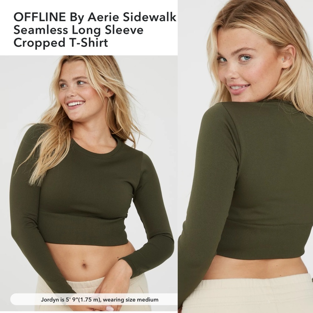 OFFLINE By Aerie Sidewalk Seamless Long Sleeve Cropped T-Shirt Nomad Olive Green
